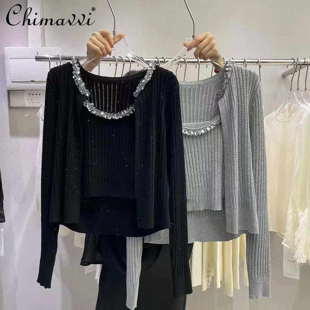 French Heavy Diamond Wool Knitted Sweater Sexy Girl Short Suspender 2024 Autumn New Temperament Versatile Fashion Two-piece Suit