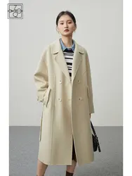 ZIQIAO Classic 100% Woolen Long Coat Women Winter 2022 Hepburn Style Solid Color Mid-length Double-sided Office Lady Wool Coats