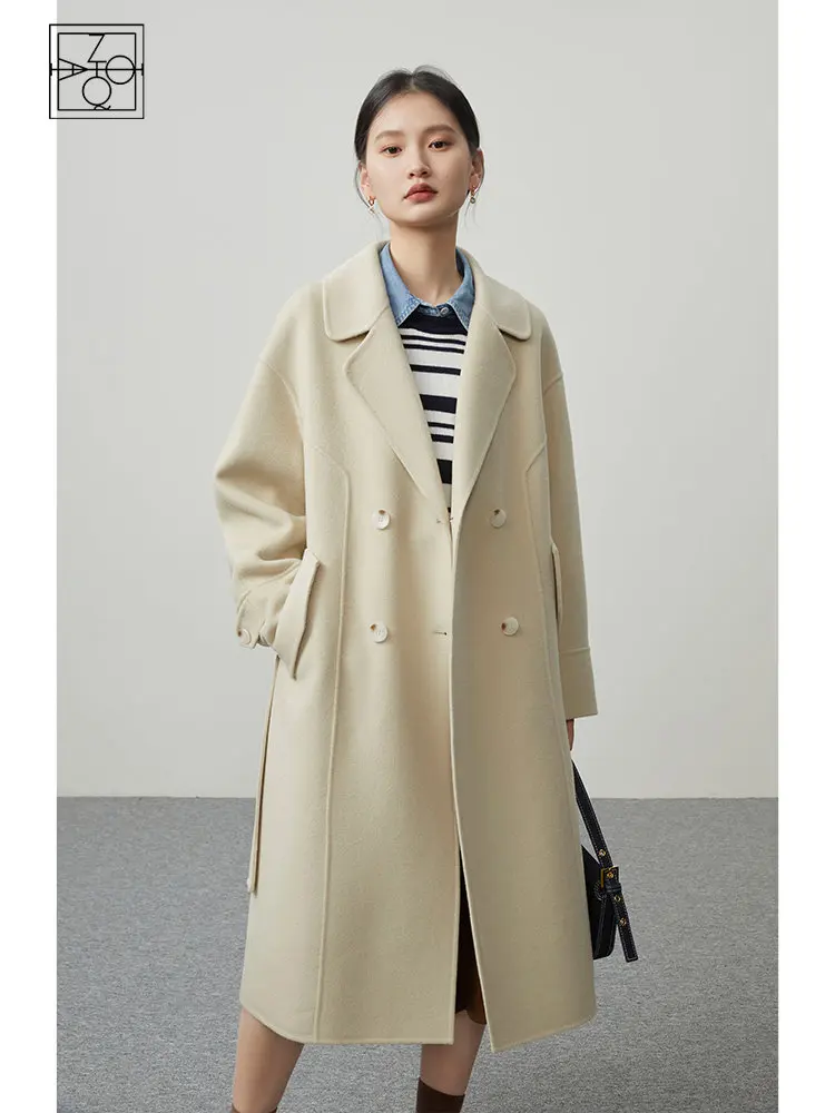 ZIQIAO Classic 100% Woolen Long Coat Women Winter 2022 Hepburn Style Solid Color Mid-length Double-sided Office Lady Wool Coats