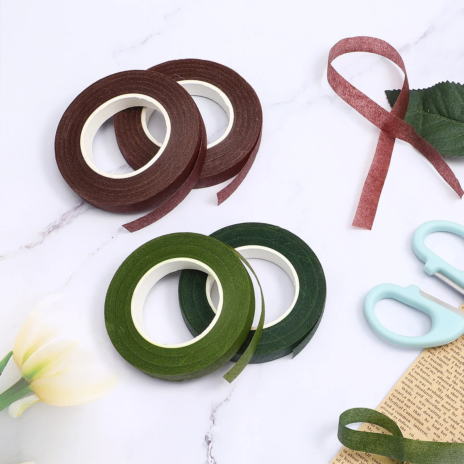 4 Rolls Green Floral Tape Dark Green Adhesive Tape for Bouquet Stem Wrap Flower Arrangement Wedding DIY Projects