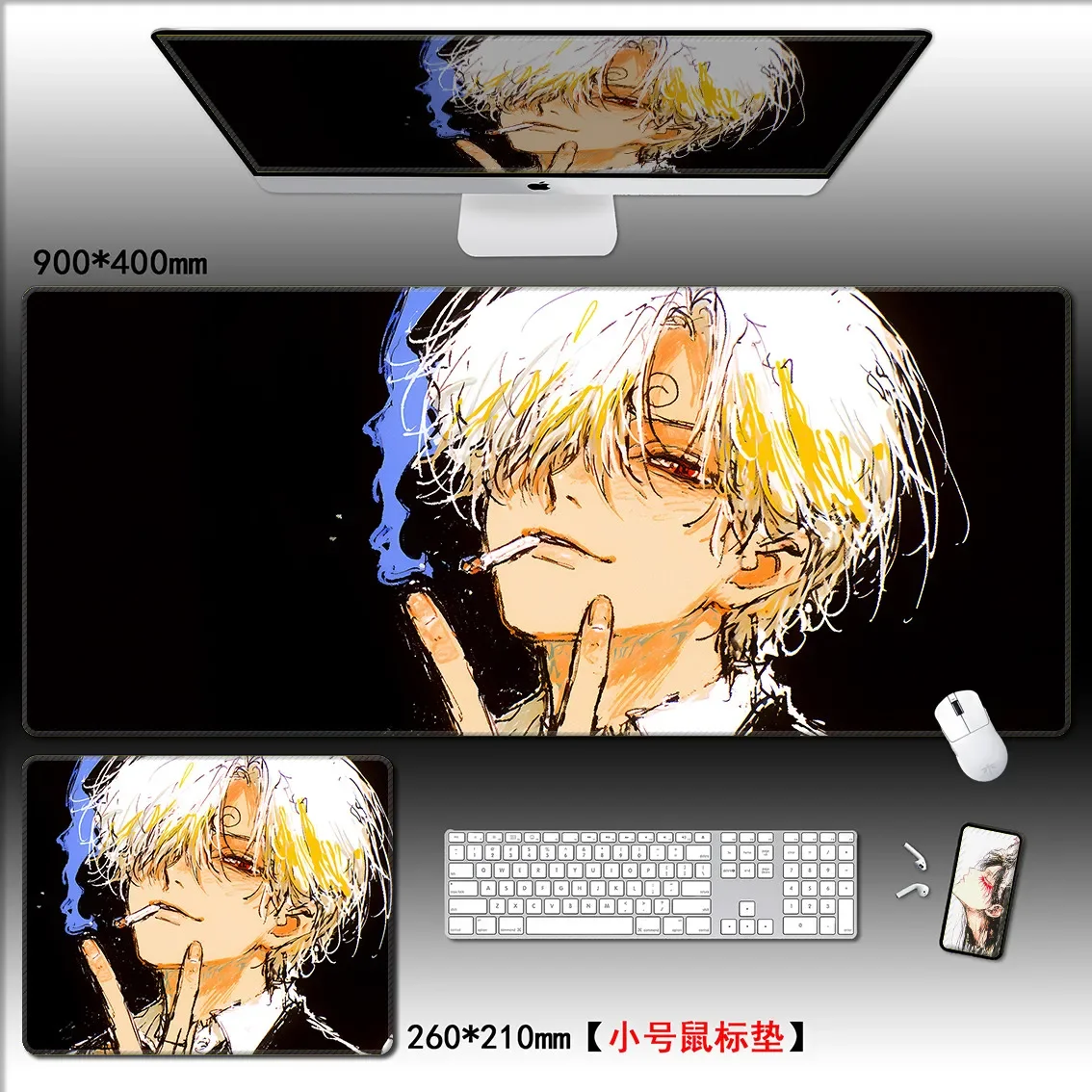 Handgetekende Anime Boy XXL PU lederen bureaumat |   Gaming grote muismat voor toetsenbord, stijlvolle cartoon E-Sports bureau decor
