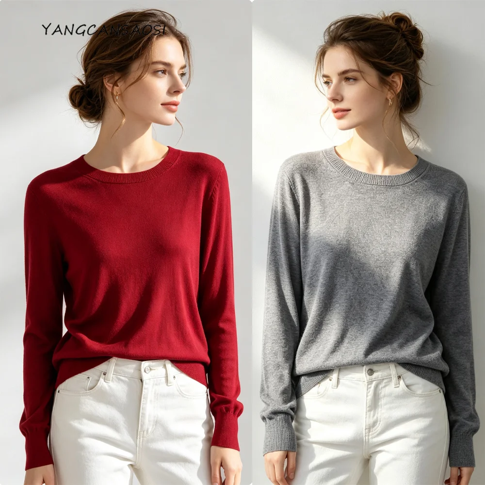 2026 Women's Fashion Autumn New 85%Natural Mulberry Silk 15%Cashmere Blended Candy Color Round Neck Long Sleeve Knitted Sweater