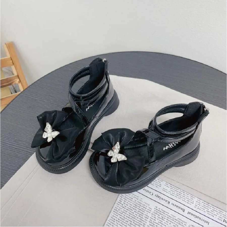 

Children's Rhinestone Bow Princess Leather Shoes 2024 Autumn Hot Sale Girls' Bright Leather Comfortable Soft Sole Single Shoe