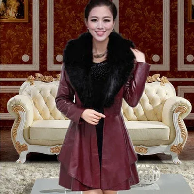 Autumn Winter Women Medium-Long PU Clothing Scrub Water Washed Leather Coat Large Fur Collar Slim Leather jacket Outerwear 7XL