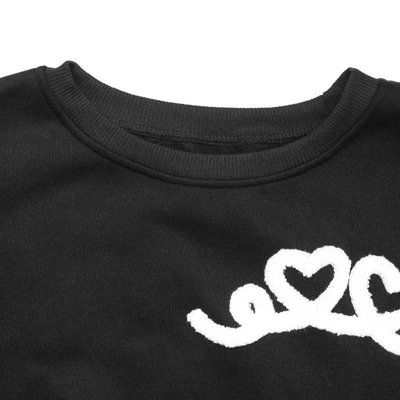 Women's Black Heart Pattern Embroidered Sweatshirt - Casual Loose Round Neck Long Sleeve Pullover Top