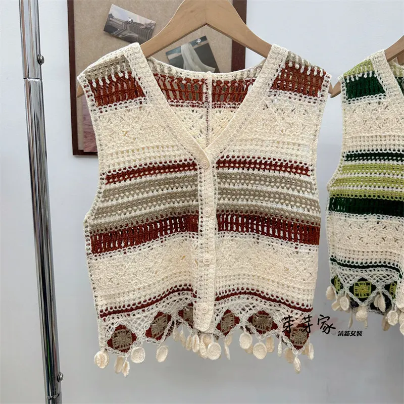 Striped Button Down Crochet Vest with Fringed Hem Hollow-out Open Knit Waistcoat Sleeveles Blouse Summer Beach Resort Wear Boho