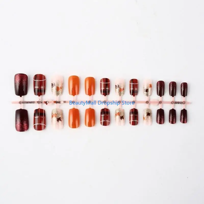 40JD عيد الشكر سقوط ورقة القيقب تصاميم الأظافر كاذبة مربعة غطاء كامل الضغط على مانيكير الأظافر الاصطناعية 24pcs