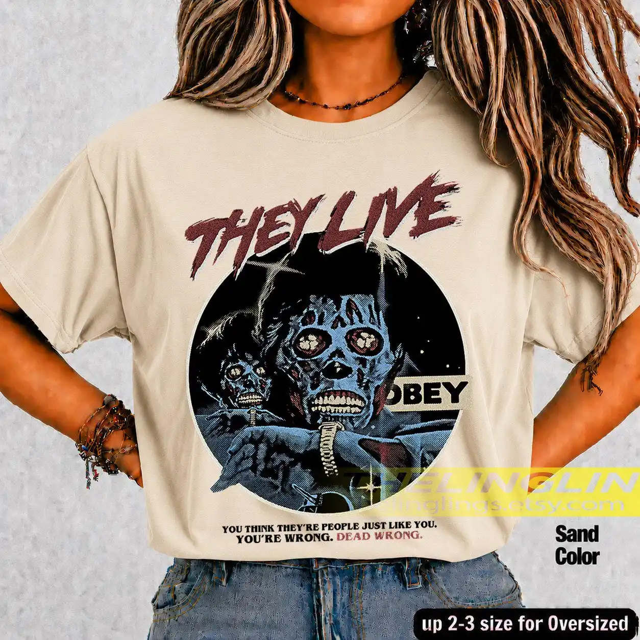 They Live Ober Poster 1988 T-Shirt, Alien Movie Graphic Tee, Sci-Fi Film Shirt,  Horror Clothing, Retro Cult Classic Top RZ view 3