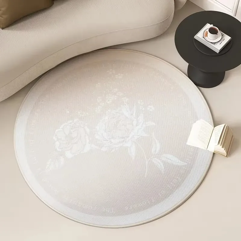 French Cream Tone Circular Rug, Premium Printed Bedroom Floor Carpet