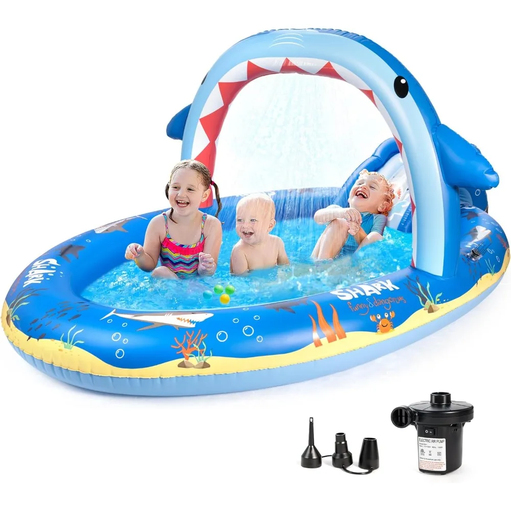 

SULIFEEL Shark Inflatable Play Center Kiddie Pool with Slide and Sprinkler for Children, 8ft x 5ft x 9.5in Baby Pool for