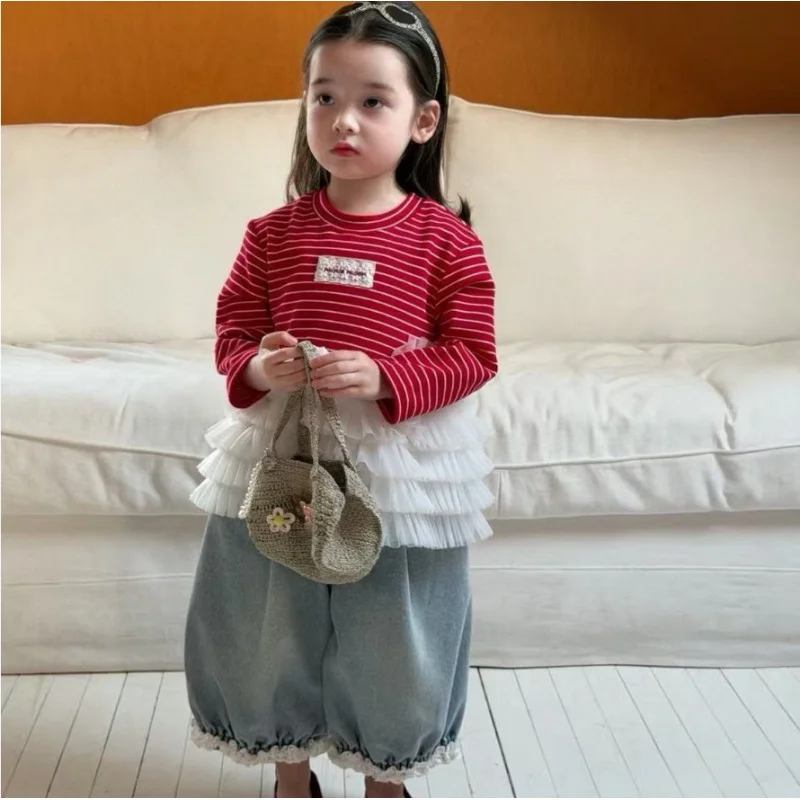 

Girls Suit2026Early spring new children's Korean-style patchwork mesh knit pullover and versatile denim pants for babies
