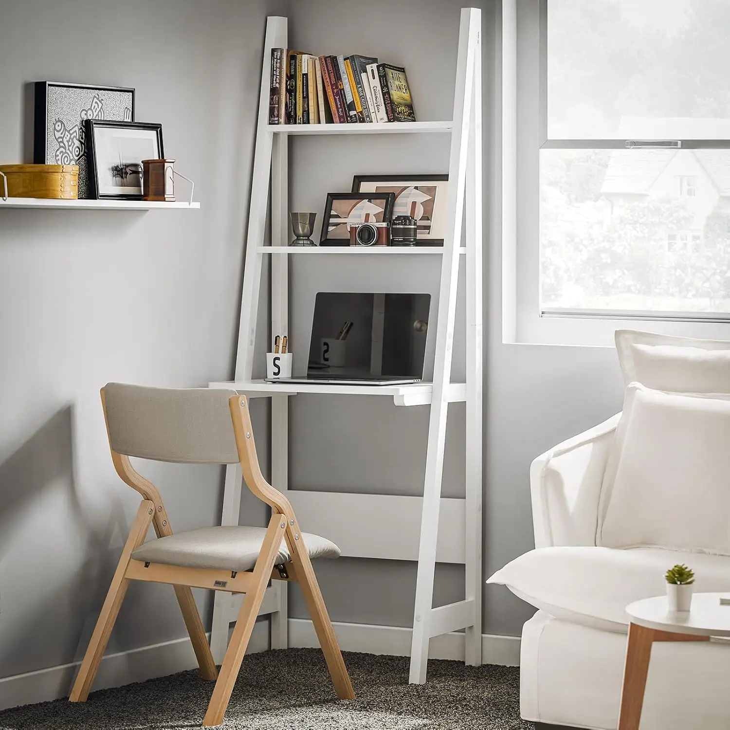 

Ladder Shelf Desk, Bookcase, Book Shelf, Leaning Desk with Shelves, Wall Shelf, White FRG60-W