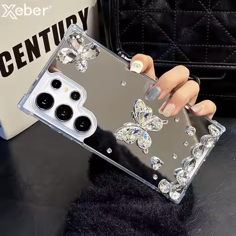 Luxury Diamond Butterfly Makeup Mirror Case For Samsung S25 S24 Ultra S23 FE S22 S21 Plus A55 A35 A15 A54 A56 A36 A26 Soft Cover