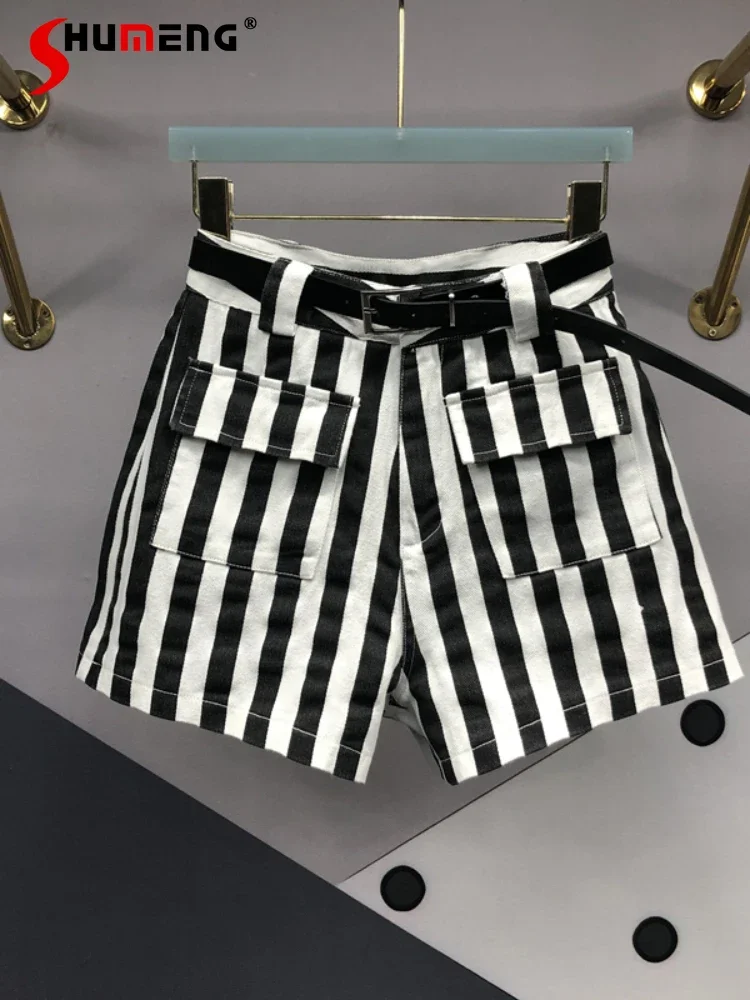 

Black and White Striped Denim Shorts 2023 Summer New High Waist Slimming Pocket A- Line Wide-Leg Booty Shorts Streetwear Women