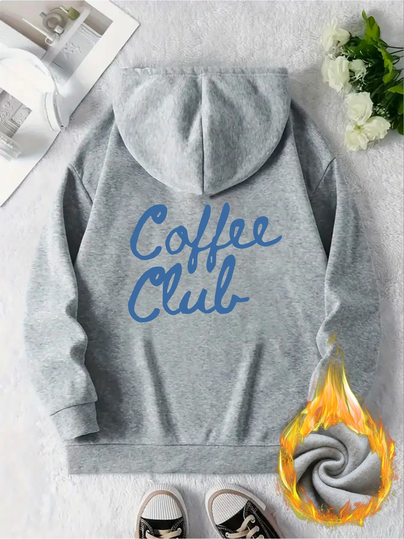 Elegantes Sweatshirt mit Aufdruck „COFFEE CLUB“. |   Stilvoller Langarm-Pullover-Hoodie, Weihnachts- und Winterbekleidung