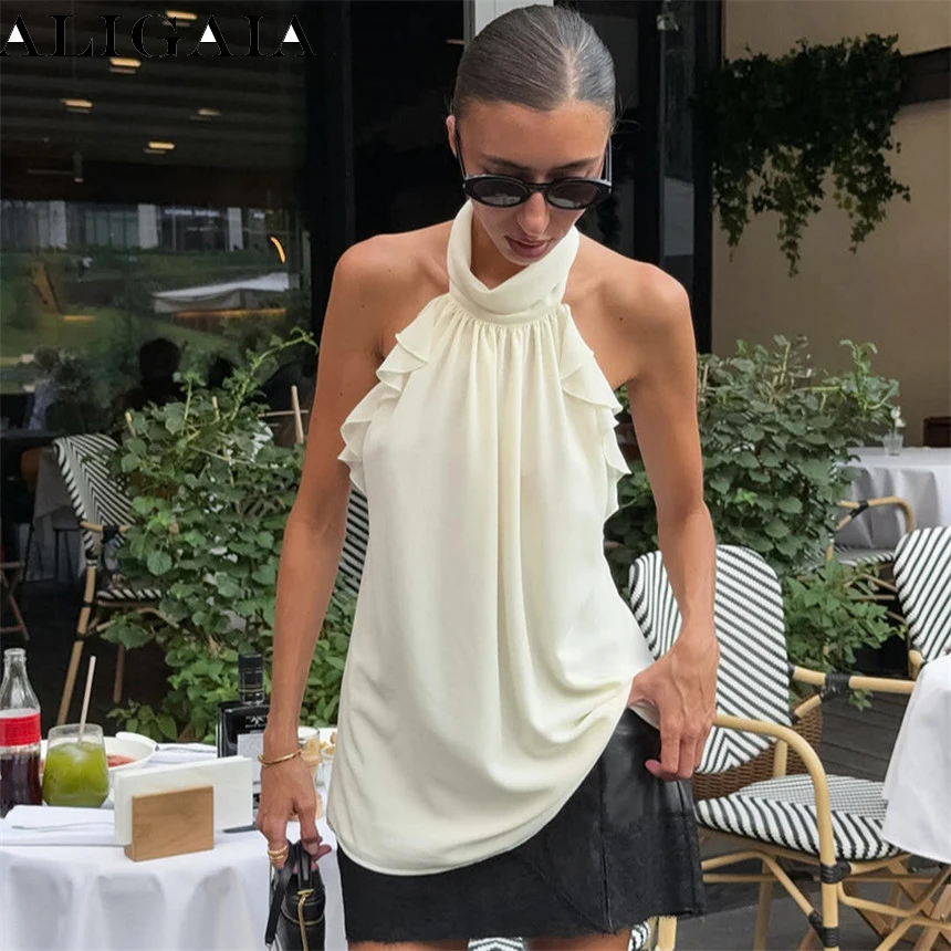 Aligaia Fashion Lady Hanging Neck Chest Wrapped Waist Cinched T-shirt 2026 Summer New Sexy Backless Versatile Casual Top