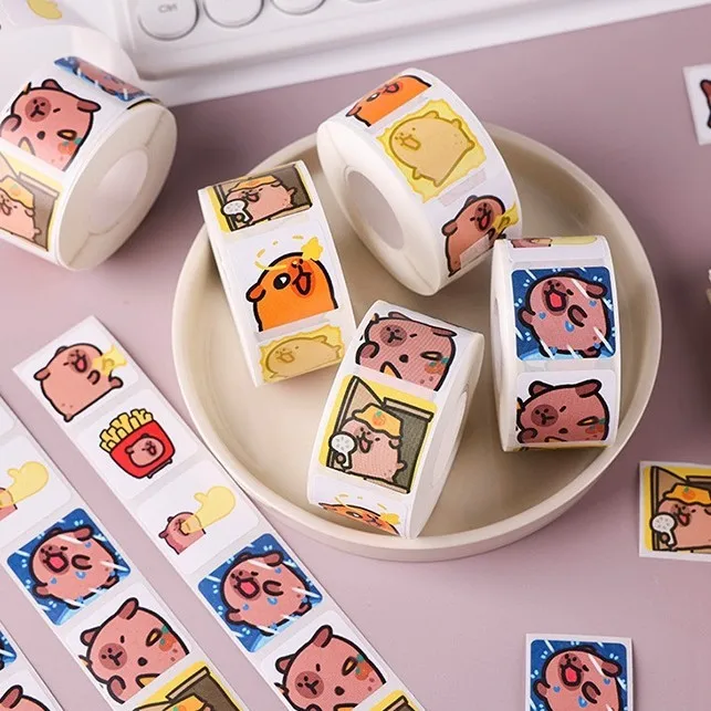 500 Stück/Rolle niedliche Capybara-Dichtungsaufkleber für Helm, Fahrrad, Handkonto, Federmäppchen, Abziehbilder, BulingBulingStickers Store