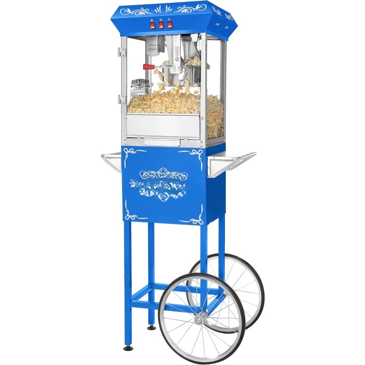 Máquina com carrinho - Popper de 8 onças com chaleira de aço inoxidável, luz de aquecimento e acessórios da Great Northern Popcorn (azul)