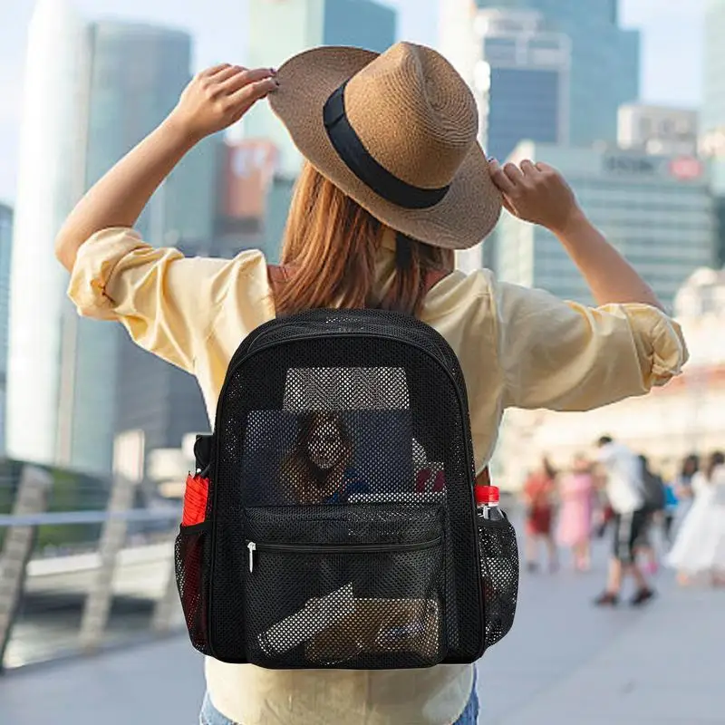 Mesh Backpacks Heavy Duty Mesh Backpack For Beach See Through College Student Backpack Comfortable Semi-Transparent College