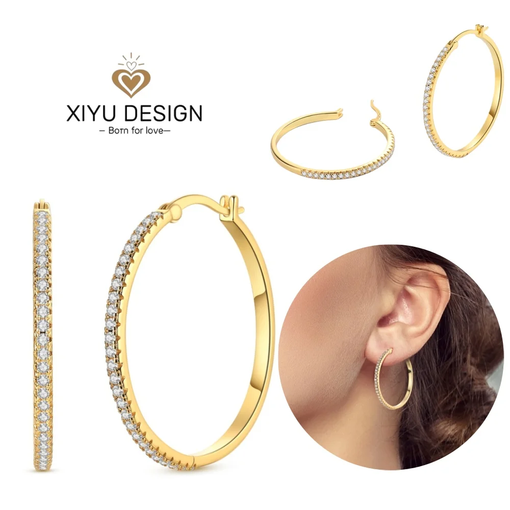 

925 Sterling Silver Sparkling Zircon Circle Gold Big Hoop Original Earrings for Women Vintage Elegant Jewelry Birthday Gift