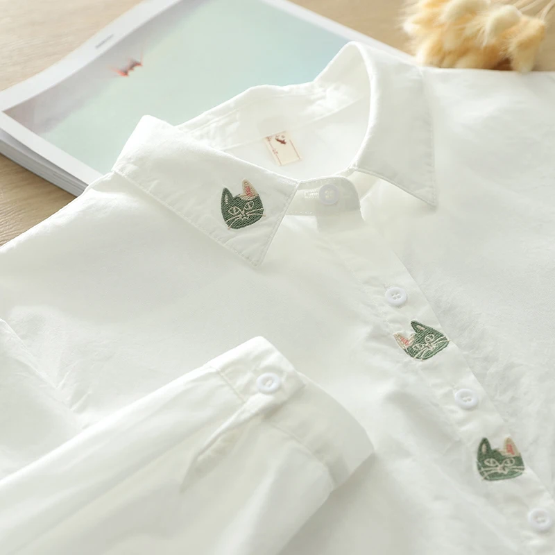 

New Spring Autumn Cotton Tops Women Clothing Cartoon Cat Embroidery Long-sleeved Shirt Loose Shirts & Blouses Blusa U162
