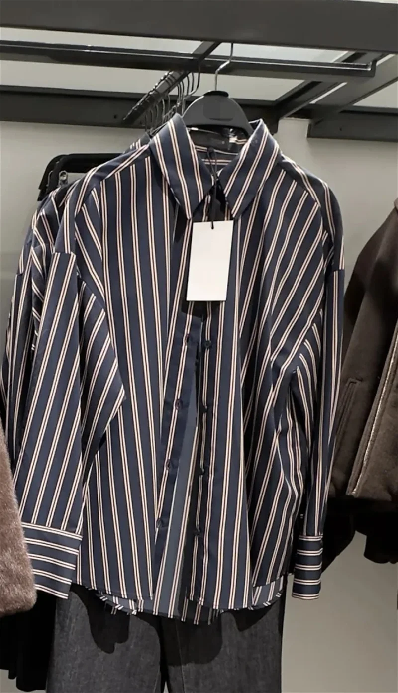 قميص نسائي 2025 خريف نمط جديد أزرق كحلي مخطط ديكور كم طويل فضفاض نمط صديقها قميص موضة غير رسمية #6