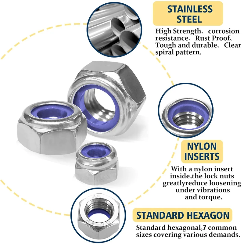 140Pcs M3-M12 Stainless Steel Lock Nuts, Metric Nylon Insert Hex Nylock Nuts, A2-70 SS Self-Locking Nuts for Bolts & Machinery