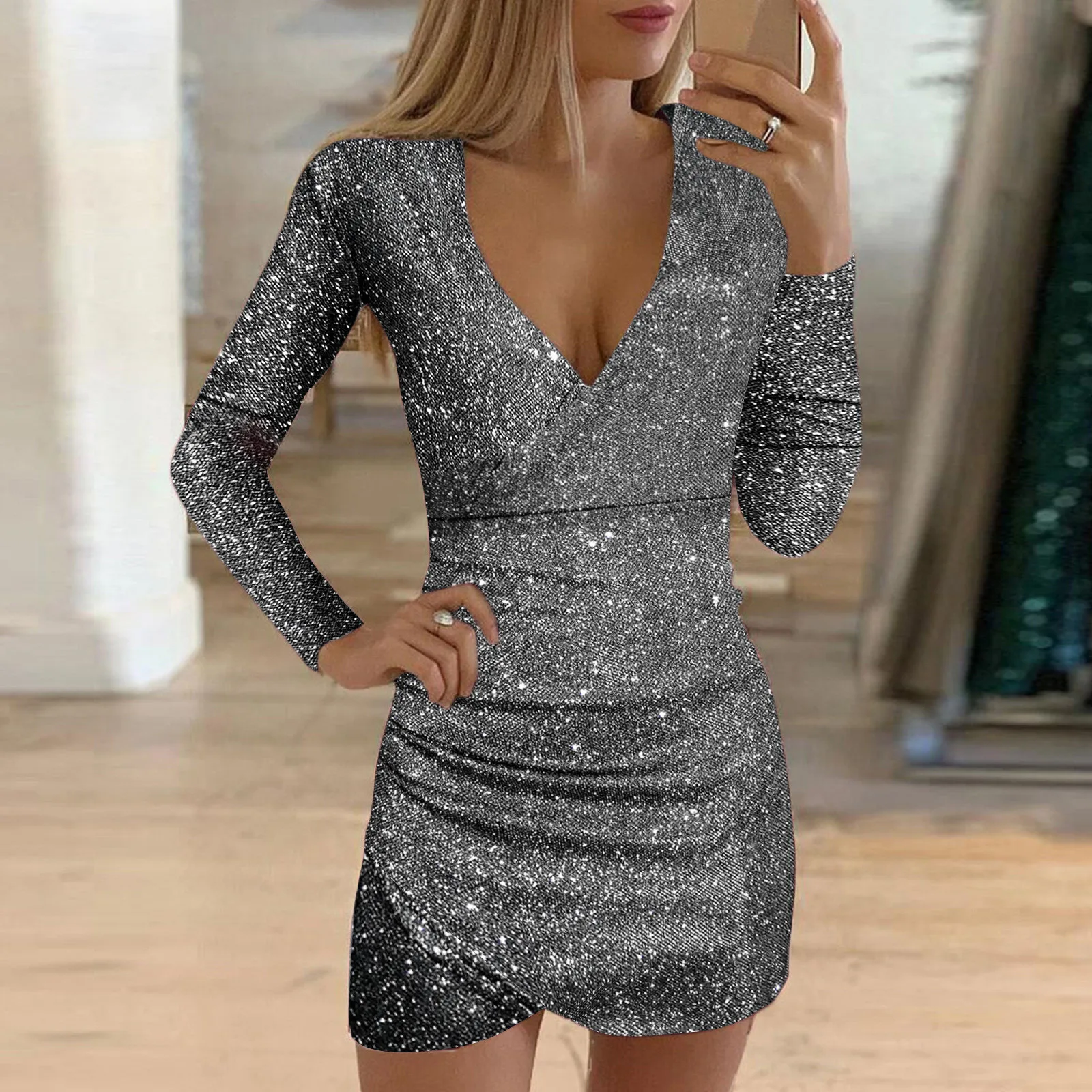 Silver Sequins Party Dress Women Sexy Glitter Fabric V Neck Long Sleeve Evening Dresses Slim Elegant Female Night Club Dress