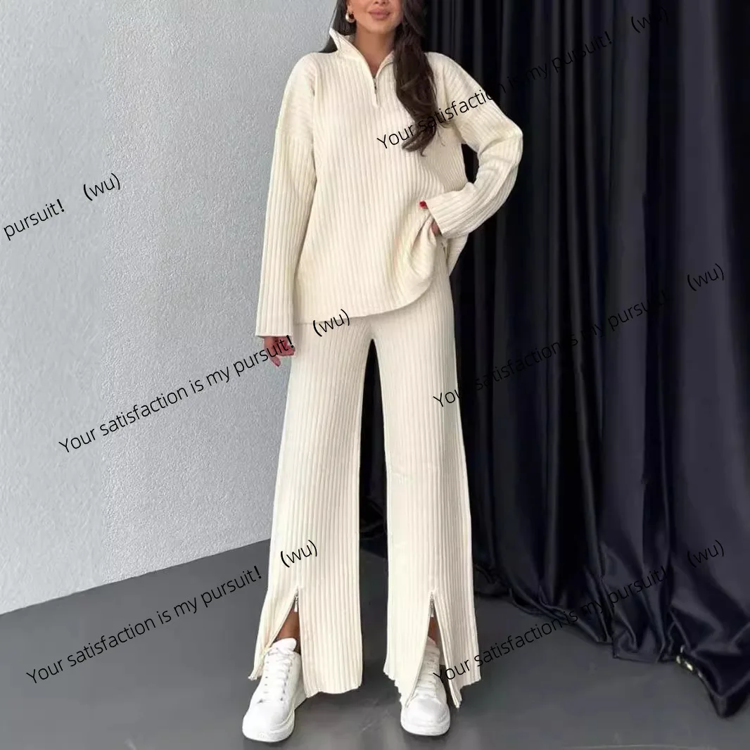 

Spring new women's clothing solid color zipper knitted suit turtleneck pit strip loungewear two-piece set