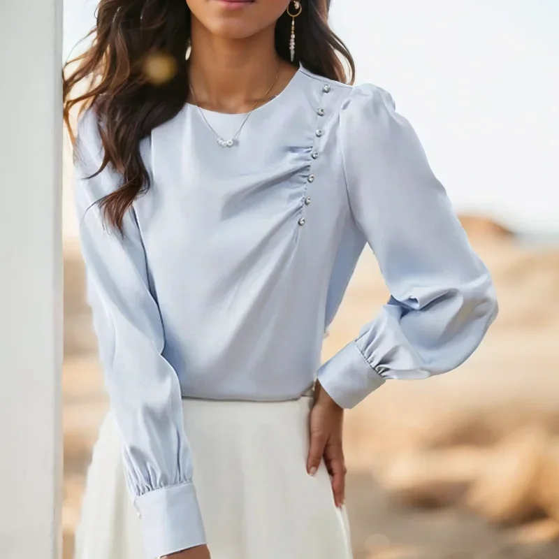 

Office Lady Satin Blouse Elegant Round Collar Shirts Woman Beading Tops Autumn New Fashion Long Sleeve Clothes Blusas 29975
