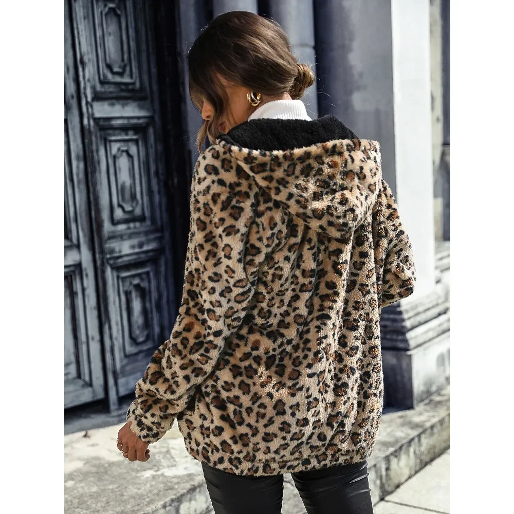 Autumn and Winter New Women\'s Fashionable Hooded Long Sleeved Leopard Print Medium Length Double-sided Plush Loose Casual Coat