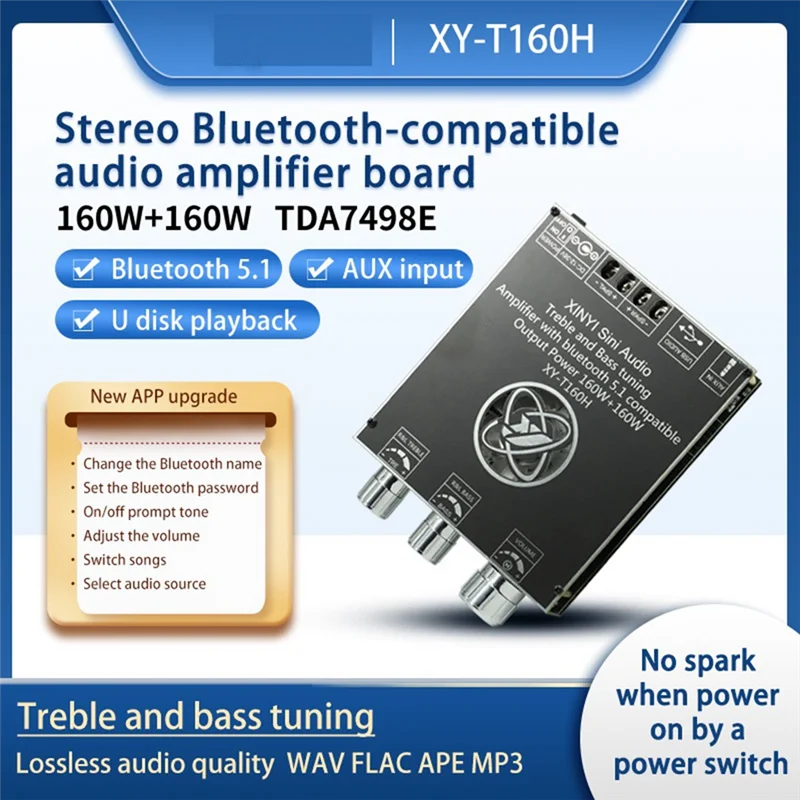 

【Top Picks】160Wx2 TDA7498E Bluetooth 5.0 Stereo Treble Bass Adjustment Audio Power Amplifier Board Dual Channel Heat Sink T160H