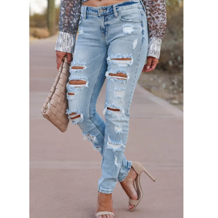 Washed Denim Jeans Women's High Waist Cotton Trousers Gothic Style Pencil Slim Fit Long Pants Tear Hole Cross-Border