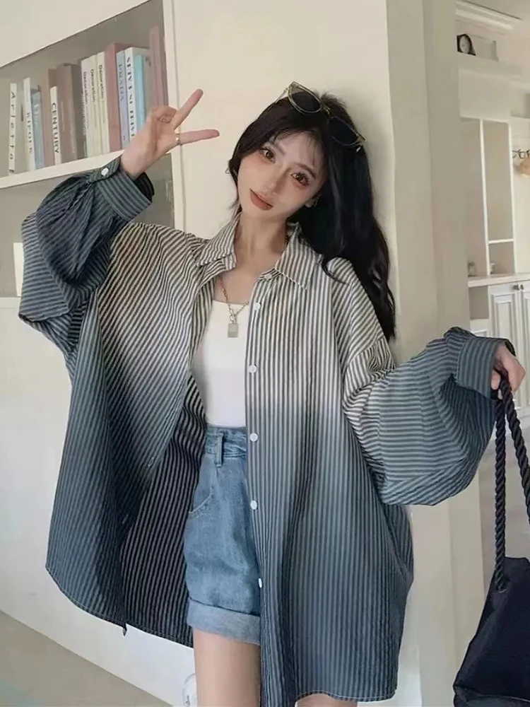 Gradient Striped Shirt Women Oversize Long Sleeve Sweet Sun Proof Blouse Korean Loose Casual Female Elegant Vintage Tops