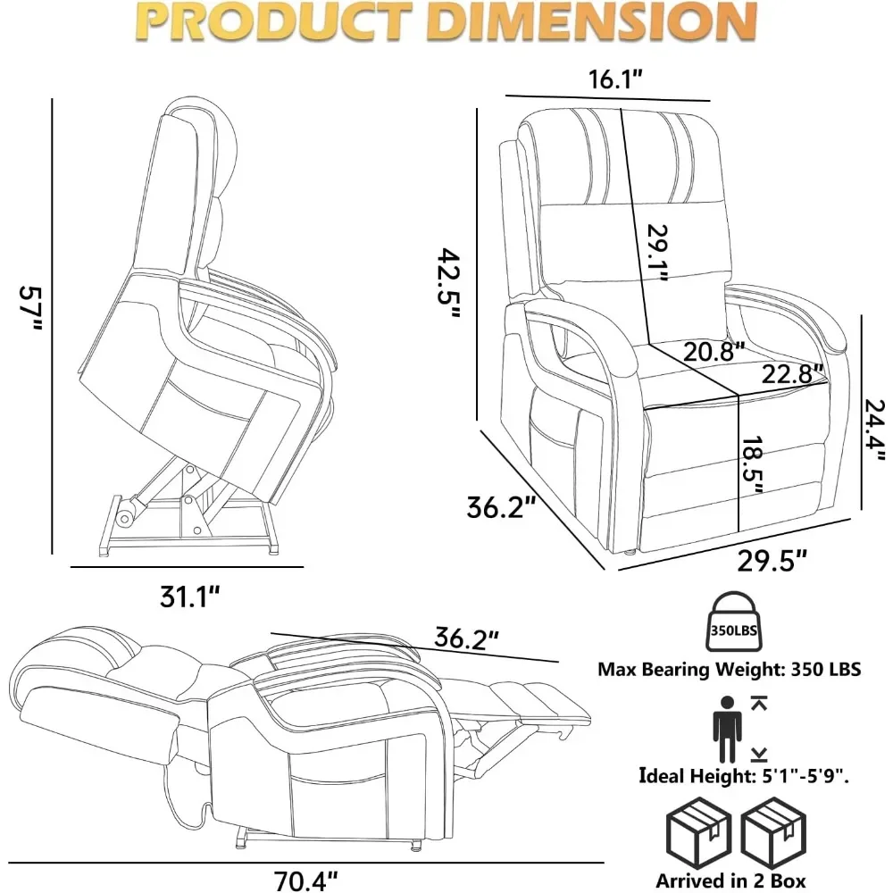 كرسي استرخاء لرفع الطاقة بمحرك مزدوج مع تدليك وحرارة لكبار السن وميزة مسطحة ومساعدة واقفة للراحة