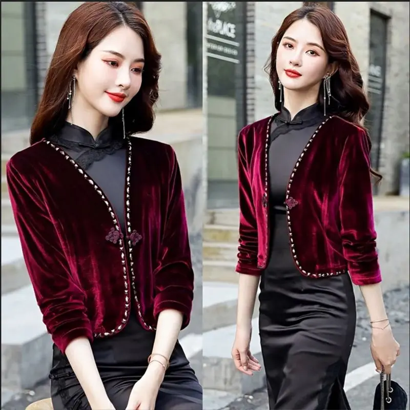 2025 Spring Fall Women Embroidery Beading Wine Red Velvet Top Coat , Woman Clothing Slim 3/4 Sleeve Velour Short Coats