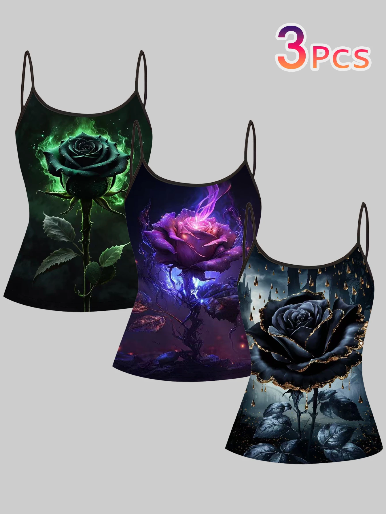 3-Pack of Women's Dark Rose Print Camisoles, Gothic Style Slim Fit Sleeveless Tops, Summer Casual Wear for Both Inner and Outer Wear