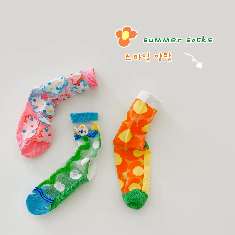 3Pairs Pack 1-8 Year 2022 summer thin color matching dot card mid-tube girls crystal socks