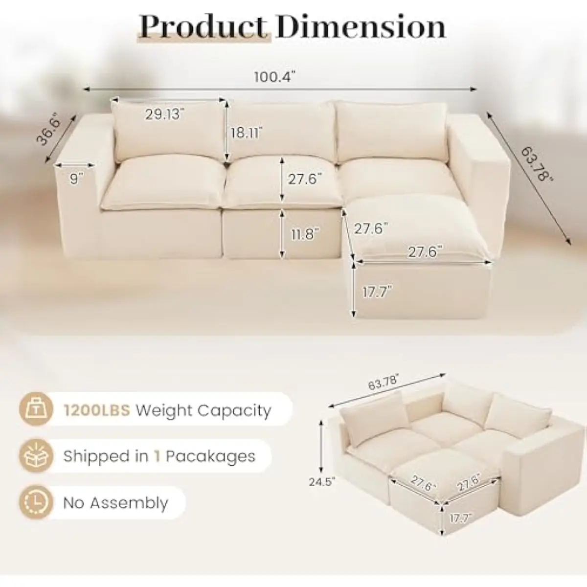 101 inch modular L shaped cloud sofa with ottoman no assembly required white chenille upholstered sleeper sectional for living r