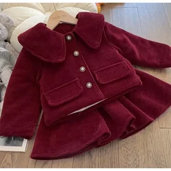 Girls Set Red New Year Dress Set  New Baby Cotton Clip Thickened Women Treasure Coat Top Autumn/Winter Plush Skirt Two Piece Set