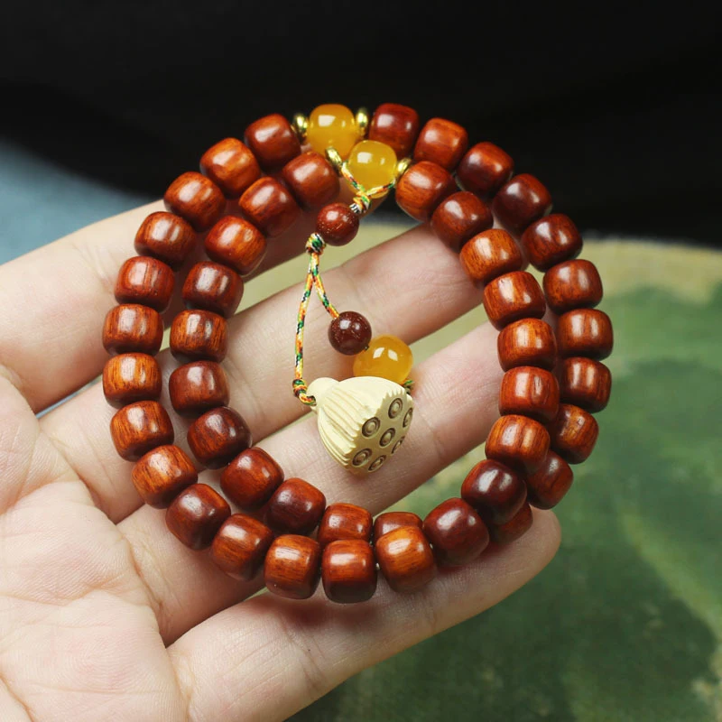 

Zambian rosewood vintage-style double-layer beaded bracelet with lotus pod pendant, Buddhist prayer beads, simple hand accessory