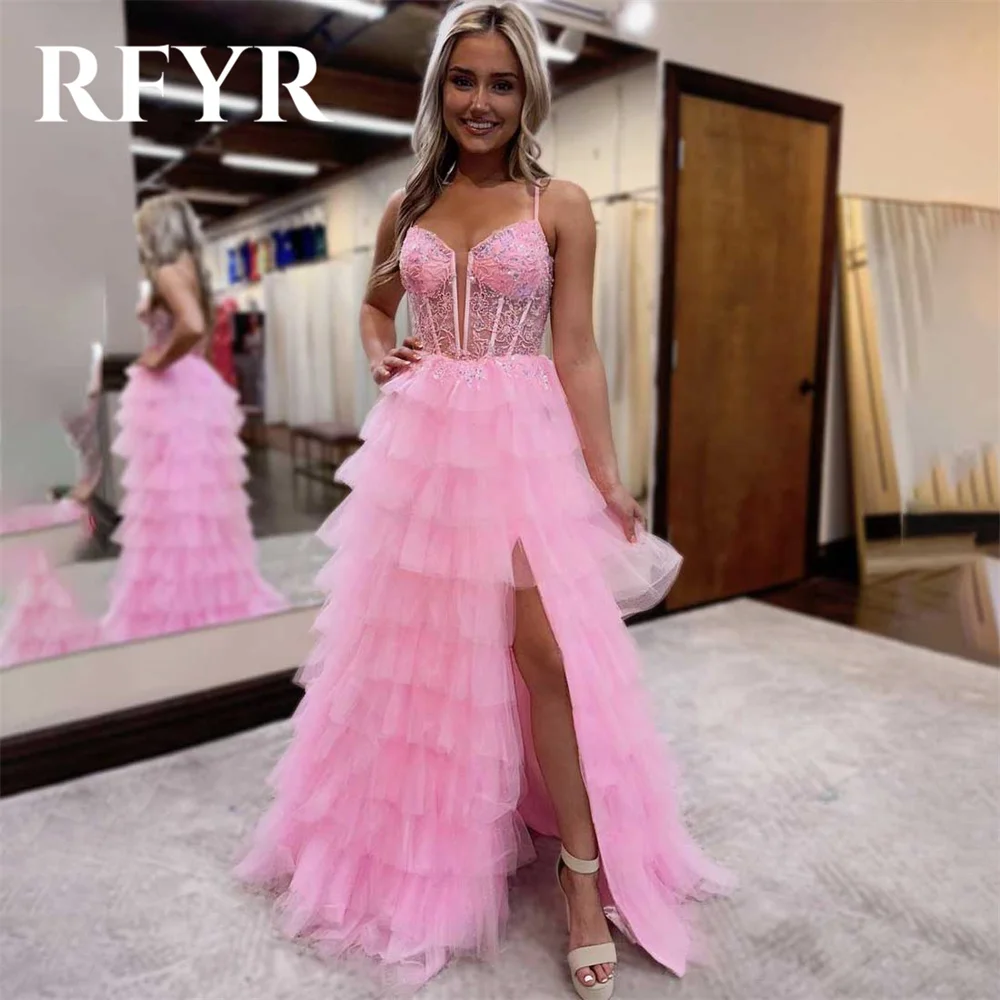 

RFYR Pink Prom Dress Sweetheart Ruffles A-Line Evening Dress Layered Tulle فستان سهرة with Sheer Corset Sleeveless Party Dress