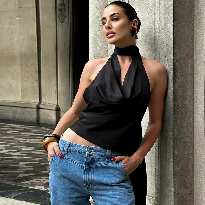 

Zeyla Chic Women's Halter Neck Satin Tank Top V Neck Backless Tie Scarf Sexy Crop Top Summer Party Casual Streetwear Outfit