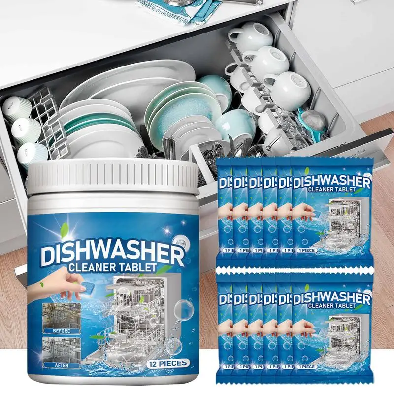 Limescale Remover Effervescent Tablet Dishwasher Cleaner Tablets 12Pcs Dish Decontamination & Odor Cleaning Tablet Kitchen Tools
