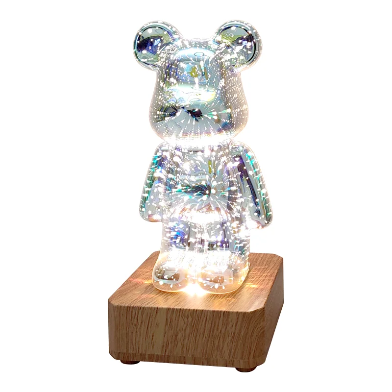 3D Fireworks LED Night Light Bear Ambient Light 3 Color Changing Modes Desk Lamp with USB Bear Decor Room