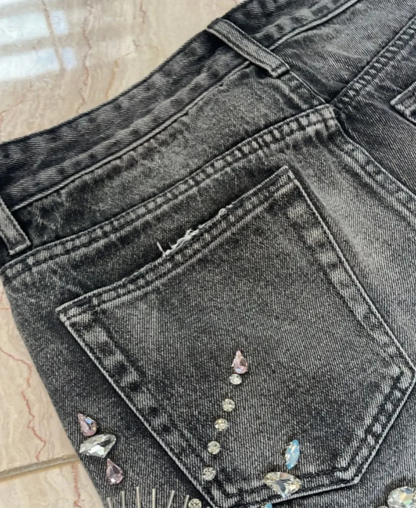 Shorts jeans preto com incrustações de diamante feminino, streetwear de pernas largas, moletom americano fino, Y2K, retrô, novo