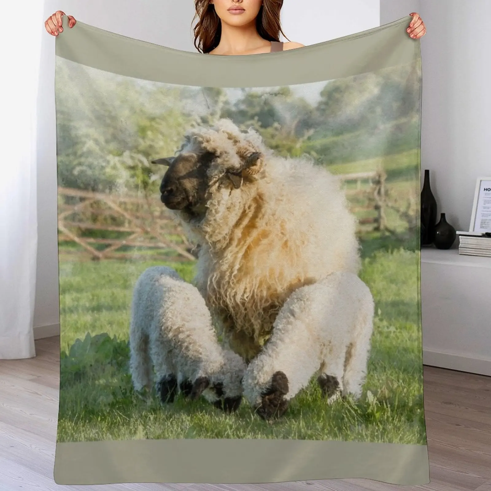 Watercolour Photograph of Valais Blacknose Sheep and Her Twin Lambs Throw Blanket valentine gift ideas Decorative Sofas Blankets