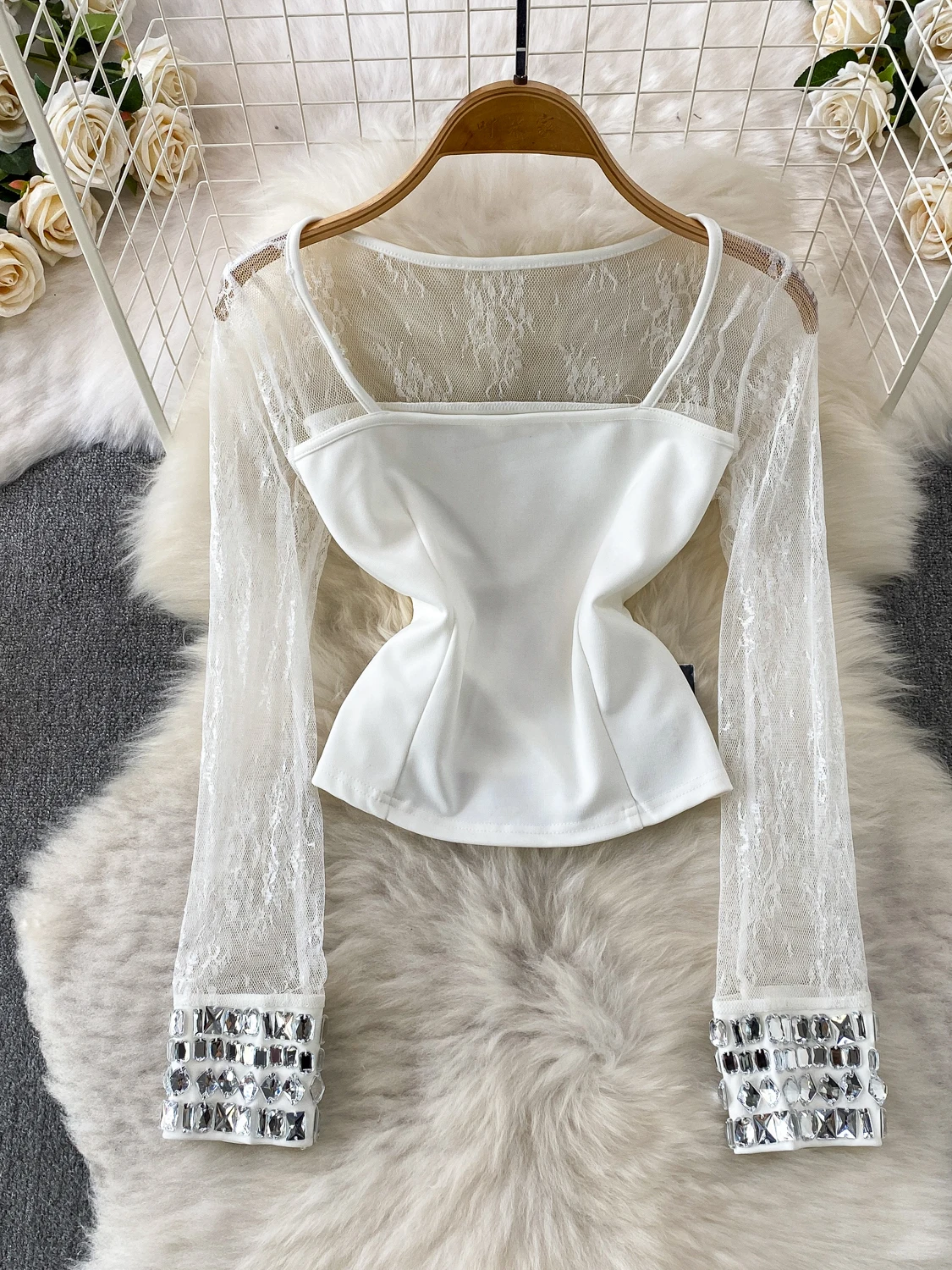 

Elegant Lace Square Collar Long Sleeve Shirt Women's Summer Heavy Embellishment Diamond Splicing Slimming Top Korean Style