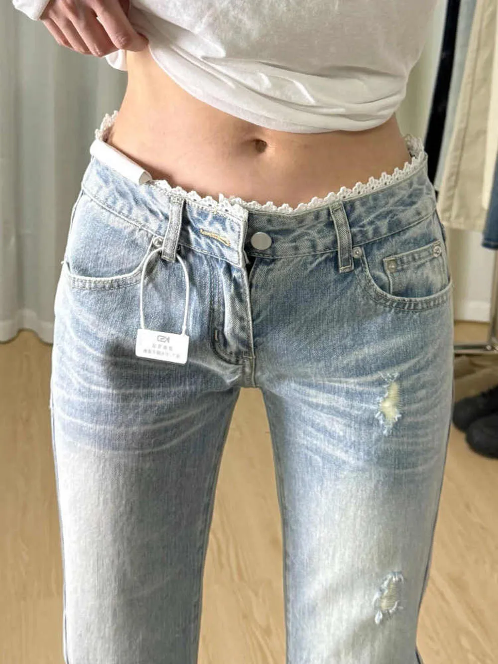 Lace Design Light Blue Woman Denim Flared Pants Retro High Elastic Spice Girls Trousers Low Waist Casual Summer Denim Long Pants