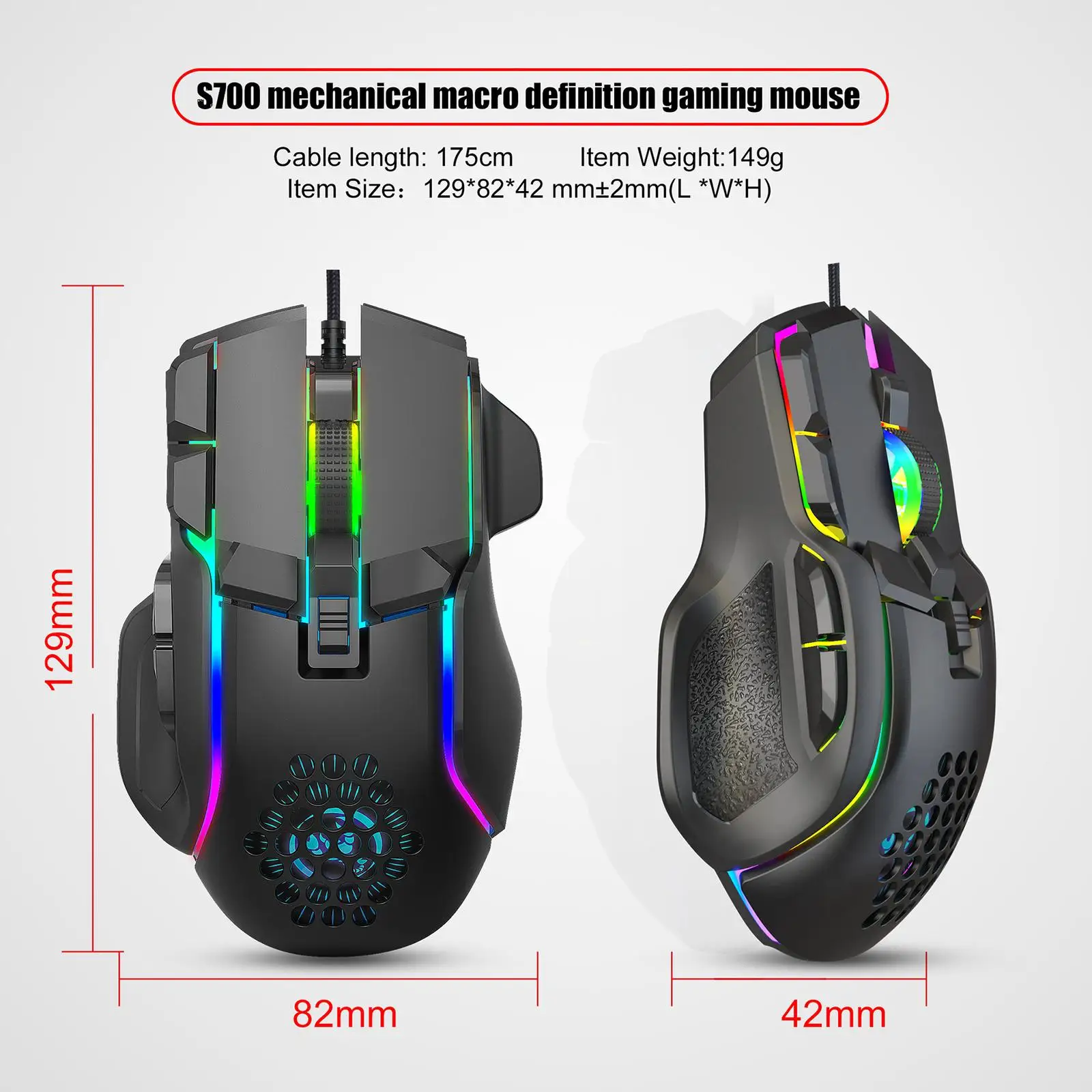 

S700 USB Wired Gaming Mouse Lightweight RGB Backlight USB Computer Mouse up to 12800 DPI Mice for PC and Notebook PC Desktop